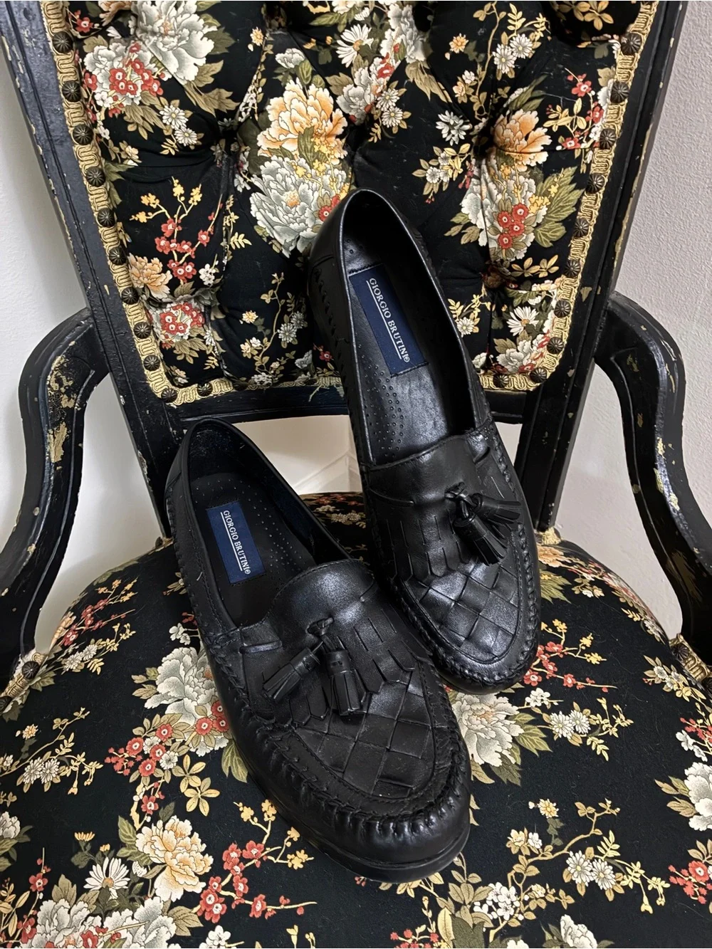 Giorgio Brutini “Naples” Black Woven Tassel Leather Loafers